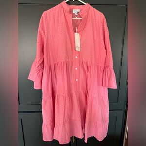 TAJ by Sabrina Crippa NWT Oversized Pink Eyelet Tiered Dress Resort Boho Size S